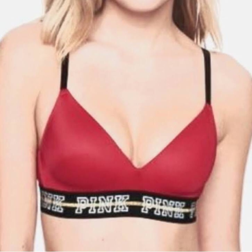 Victoria’s Secret Pink Wireless Lightly Lined Bra Red Black White Gold Logo Band